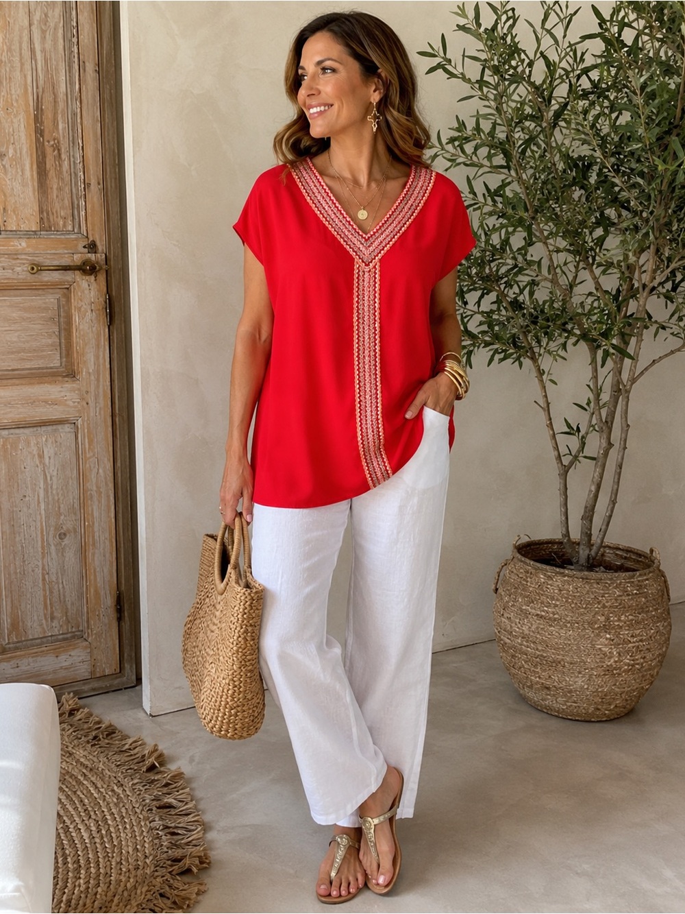 Buckley K Red Tunic with Embroidered Trim Pockets – Size M